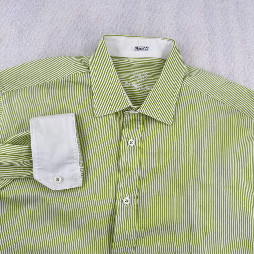 Bugatchi Uomo Mens L Shaped Fit Long Sleeve Button Down Green Striped Flip Cuff